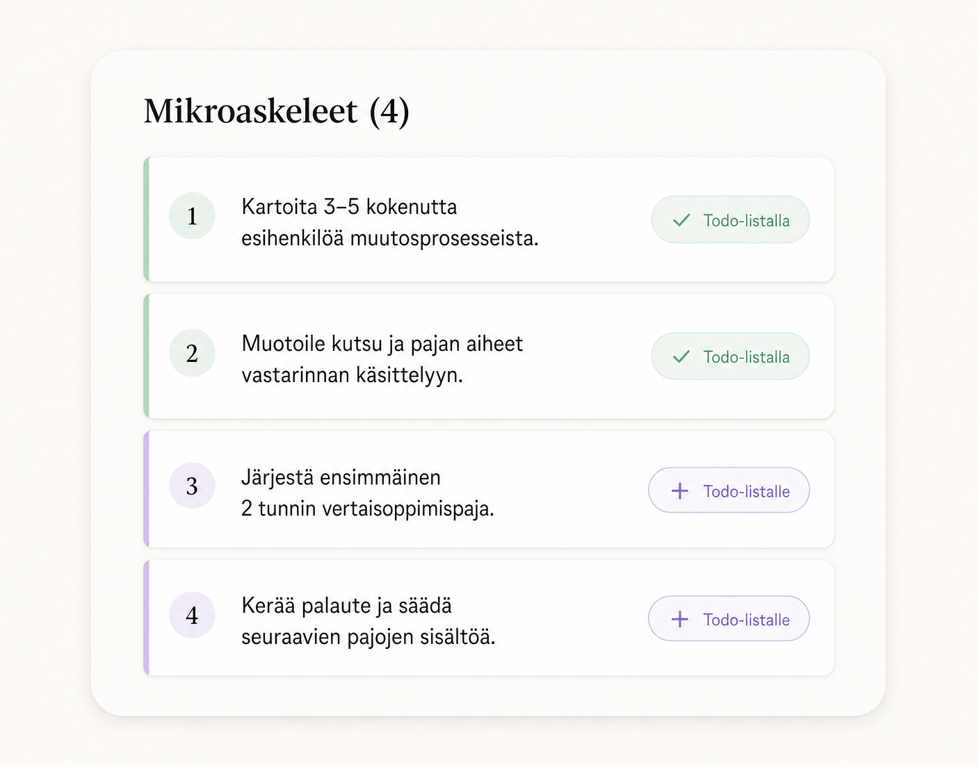 Toimenpiteet pilkkoutuvat mikroaskeliksi – skenaarion väri säilyy tunnisteena todo-listalla.